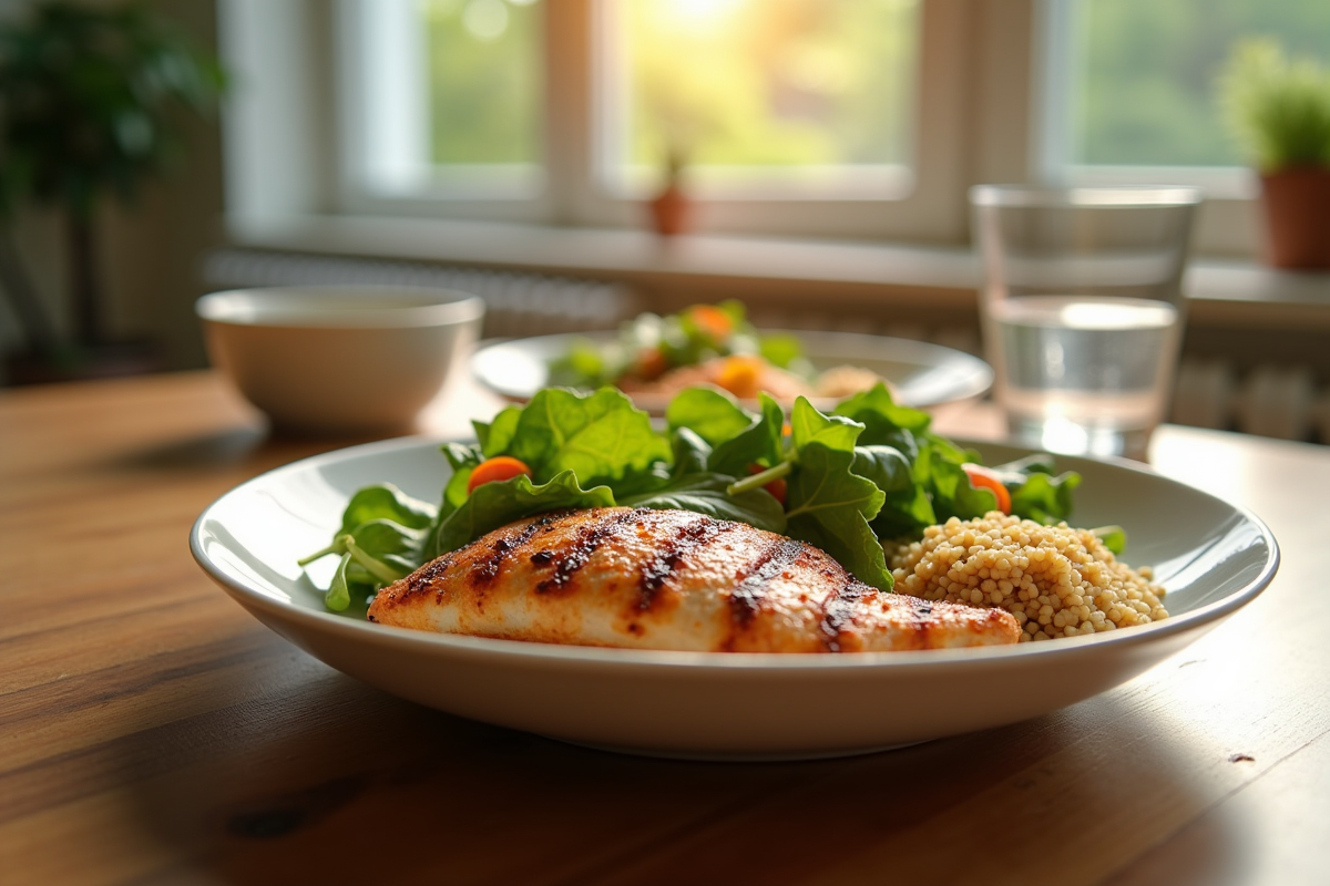 Repas équilibré avec poulet quinoa et légumes frais