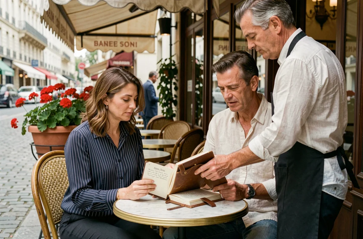 Couple parisien consultant un carnet de réservation avec un serveur en terrasse de bistrot traditionnel