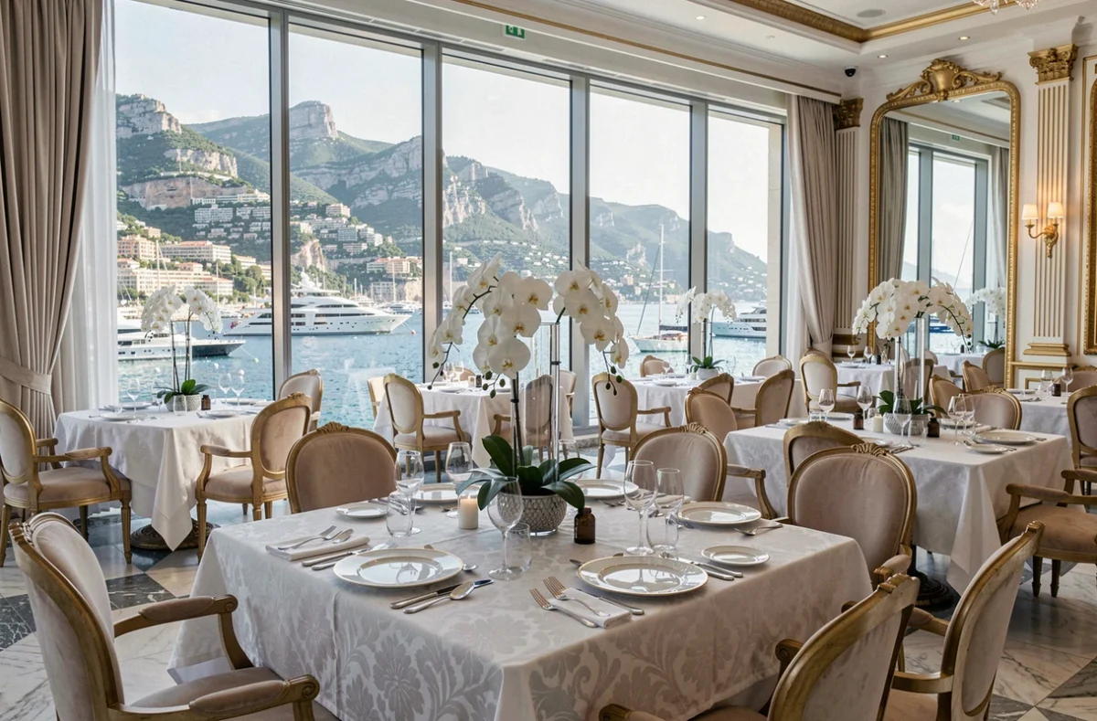 Salle du Restaurant des Rois à Monaco avec tables en lin damassé et service en argent face aux grandes baies vitrées donnant sur le port de plaisance et ses yachts de luxe