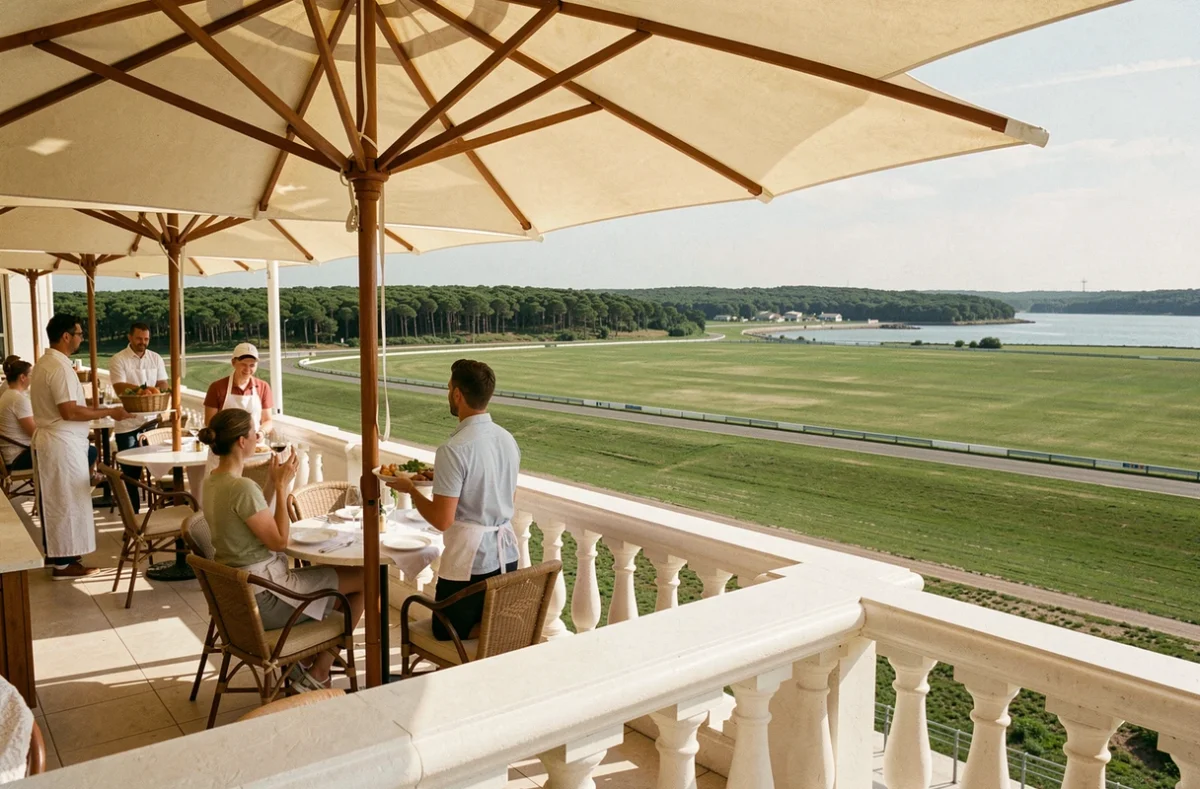 Terrasse panoramique du Restaurant de l'Hippodrome à La Teste-de-Buch avec vue sur le bassin d'Arcachon et parasols élégants