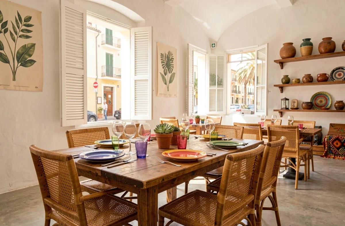 Salle lumineuse du restaurant JAN à Nice avec décor colonial blanc, mobilier en rotin, assiettes en céramique colorée et ambiance chaleureuse d'inspiration sud-africaine