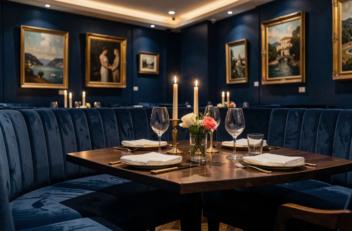 Intérieur sophistiqué du restaurant Le Boudoir sur la Côte d'Azur avec banquettes en velours bleu nuit, table romantique aux bougeoirs en laiton et ambiance feutrée