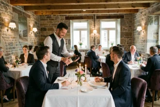 Intérieur raffiné d'un restaurant gastronomique étoilé dans le Nord de la France, avec service en salle et table dressée élégamment