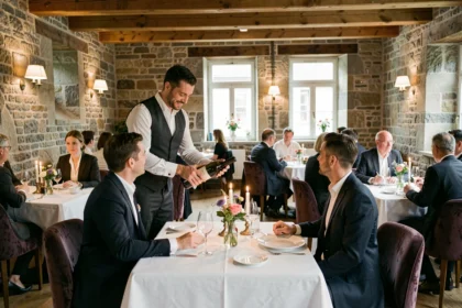 Intérieur raffiné d'un restaurant gastronomique étoilé dans le Nord de la France, avec service en salle et table dressée élégamment