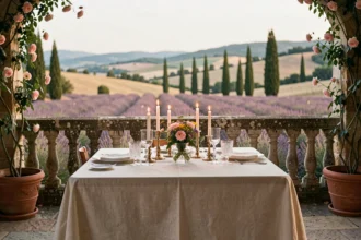 Table dressée pour deux sur une terrasse en pierre avec vue sur les collines de Provence et des champs de lavande en arrière-plan, évoquant un dîner romantique dans le sud de la France