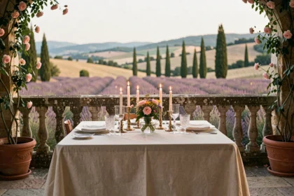 Table dressée pour deux sur une terrasse en pierre avec vue sur les collines de Provence et des champs de lavande en arrière-plan, évoquant un dîner romantique dans le sud de la France
