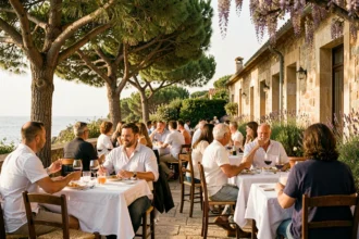 Vue panoramique d'une terrasse de restaurant ensoleillée en Nouvelle-Aquitaine avec des tables dressées sous les arbres et une ambiance estivale animée