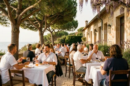 Vue panoramique d'une terrasse de restaurant ensoleillée en Nouvelle-Aquitaine avec des tables dressées sous les arbres et une ambiance estivale animée