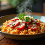 Risotto au chorizo dans un plat large sur une table en bois
