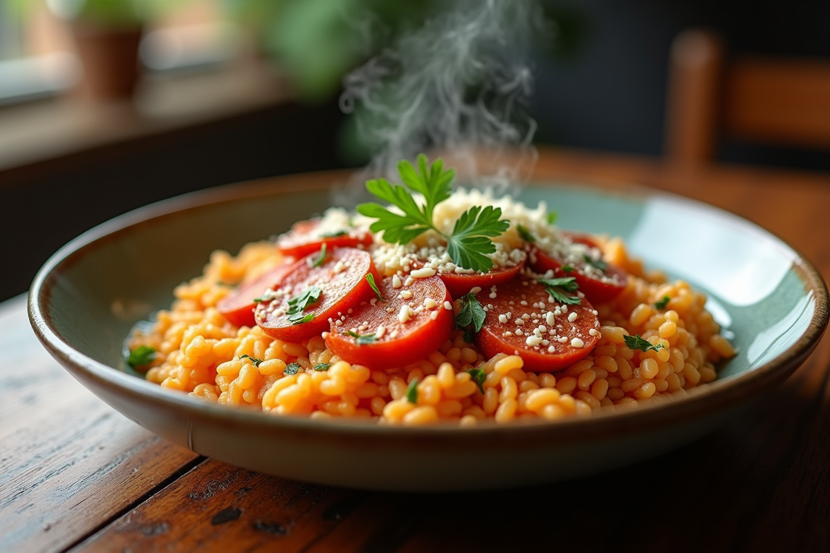 Risotto au chorizo dans un plat large sur une table en bois