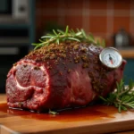 Rôti de bœuf de 1 kg doré au four avec thermomètre à viande sur planche en bois