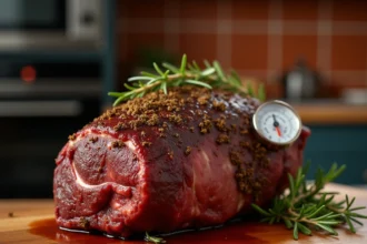 Rôti de bœuf de 1 kg doré au four avec thermomètre à viande sur planche en bois