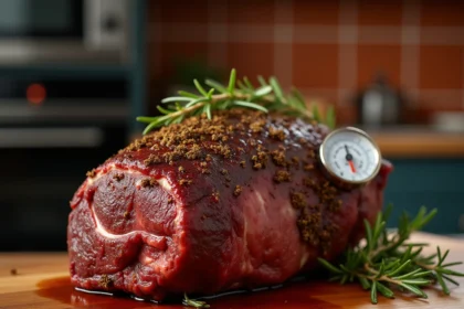 Rôti de bœuf de 1 kg doré au four avec thermomètre à viande sur planche en bois