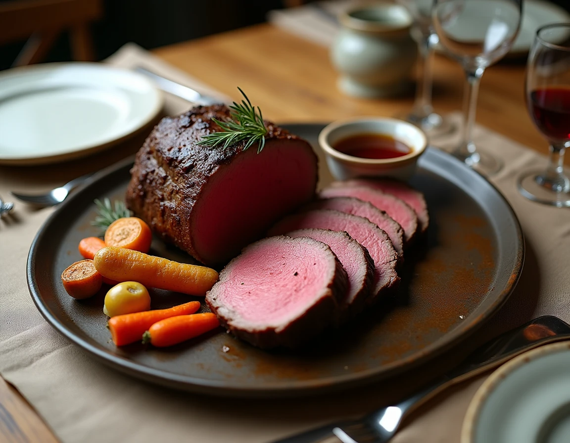 Rôti de bœuf tranché saignant servi sur un plat de table avec légumes rôtis et jus de viande
