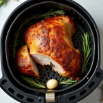 Rôti de porc doré dans le panier d'un air fryer avec herbes et ail caramélisés, vu de dessus sur plan de travail en marbre