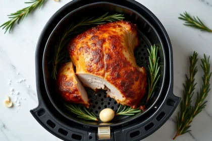 Rôti de porc doré dans le panier d'un air fryer avec herbes et ail caramélisés, vu de dessus sur plan de travail en marbre
