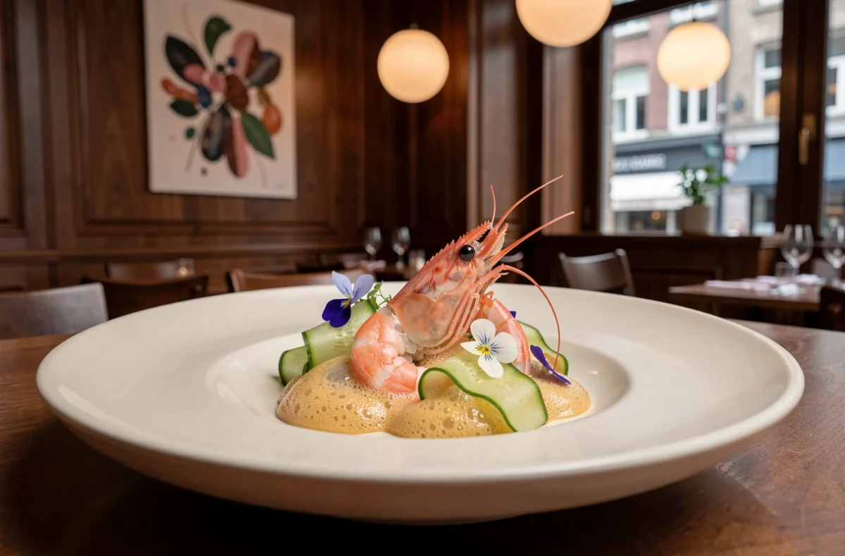 Plat gastronomique de langoustine finement dressé au restaurant Rouge Barre à Lille, dans un cadre contemporain et raffiné