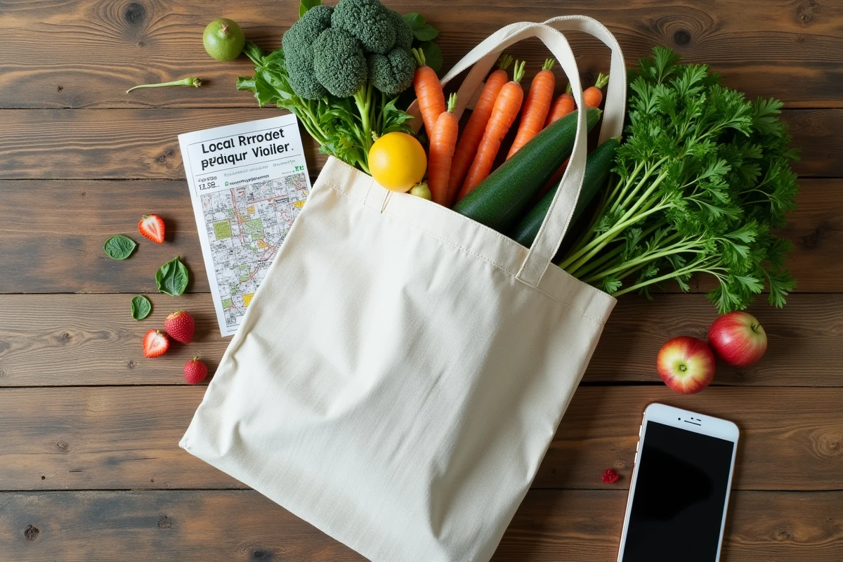 Sac de courses rempli de fruits et légumes frais du marché posé sur une table en bois avec une carte de primeurs locaux
