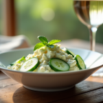 Salade de concombre frais avec creme dans un bol blanc