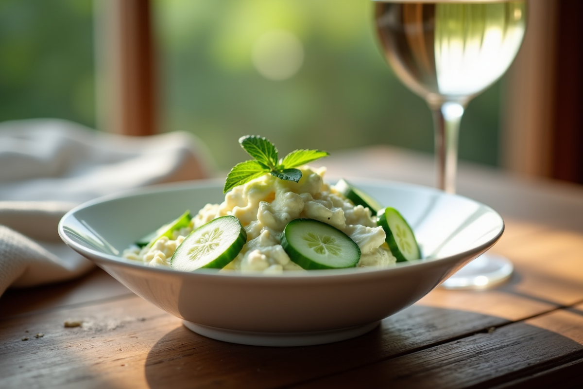 Salade de concombre frais avec creme dans un bol blanc