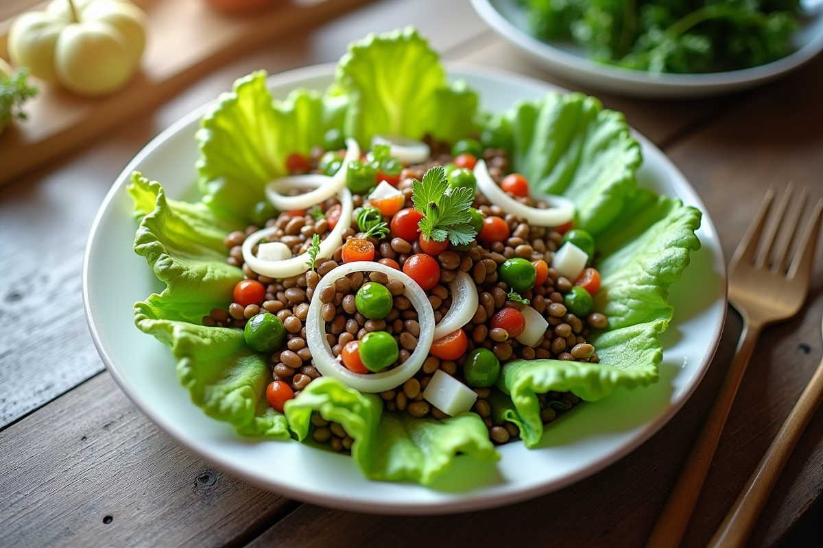 Salade colorée avec laitue lentilles et poireaux en vue de dessus