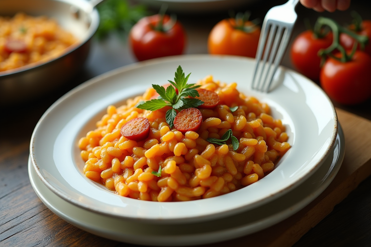 Service de risotto au chorizo dans une assiette blanche