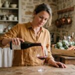 Femme versant un grand cru de Bourgogne rouge dans un verre à vin cristal dans une cuisine en pierre rustique
