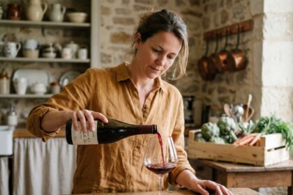 Femme versant un grand cru de Bourgogne rouge dans un verre à vin cristal dans une cuisine en pierre rustique