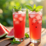 Verre de smoothie melon rafraichissant avec glaçons et menthe