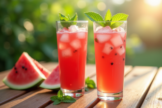 Verre de smoothie melon rafraichissant avec glaçons et menthe