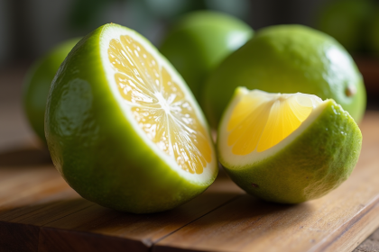 Fruits de sudachi tranchés sur une table en bois rustique