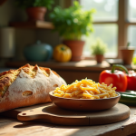 Table rustique avec pain artisanal et pâtes complètes
