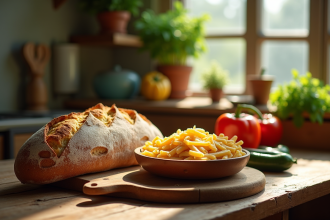 Table rustique avec pain artisanal et pâtes complètes
