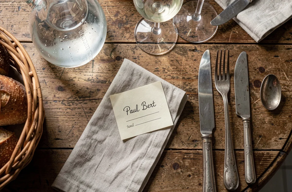 Vue aérienne d'une table de bistrot dressée avec un carton de réservation manuscrit et couverts traditionnels