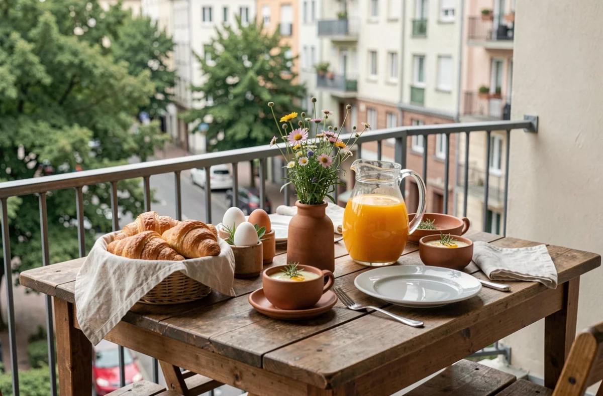 Table de brunch maison dressée sur un balcon avec jus d'orange, croissants et œufs mollets dans un cadre urbain