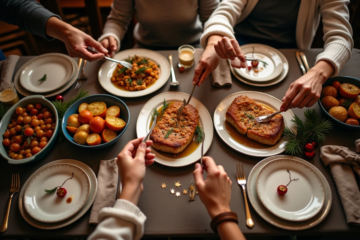 Table de fête avec crépinettes et décorations de Noël