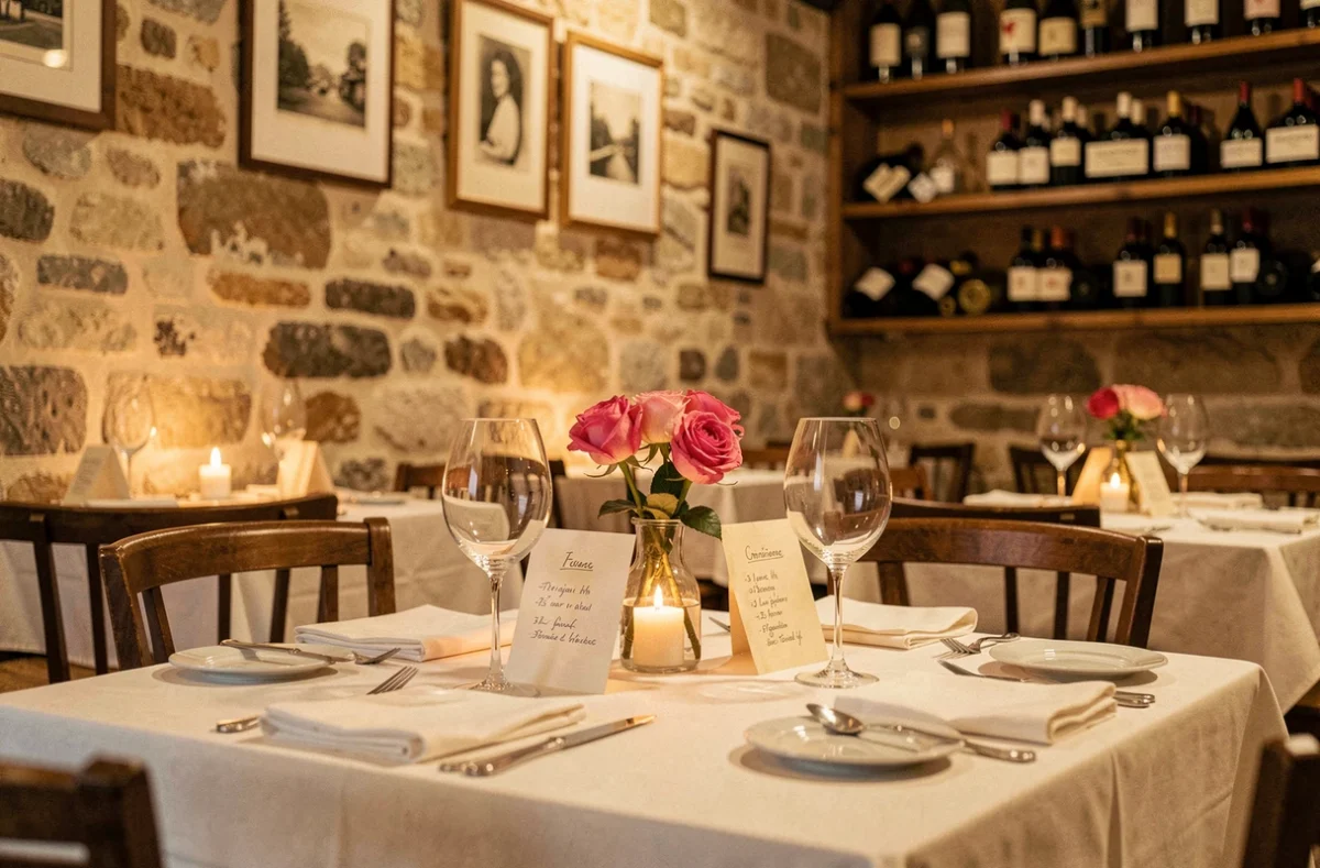 Table intime dressée pour deux au restaurant La Table de Pierre avec murs en pierre apparente, bougie, roses fraîches et menu manuscrit dans un cadre bistro romantique