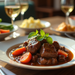 Table élégante avec boeuf bourguignon et légumes frais