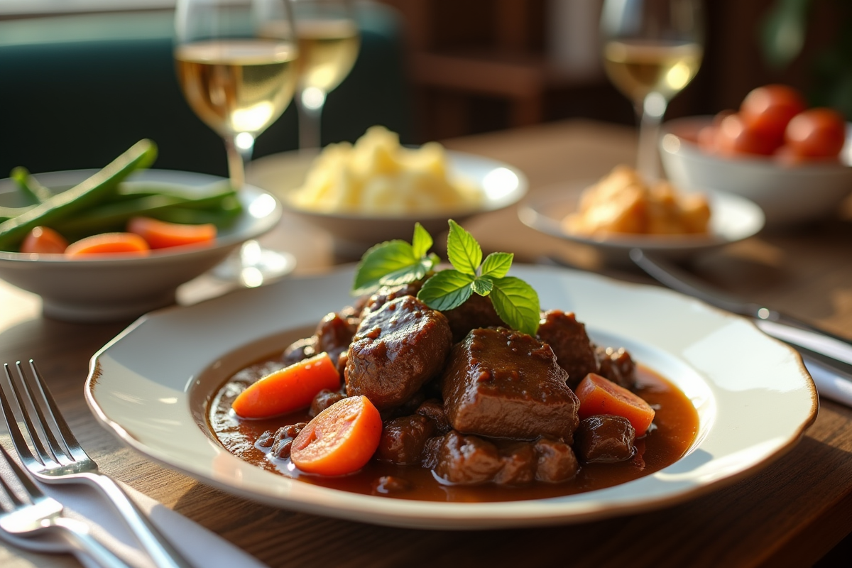 Table élégante avec boeuf bourguignon et légumes frais