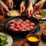 Table dressée pour une fondue bourguignonne conviviale