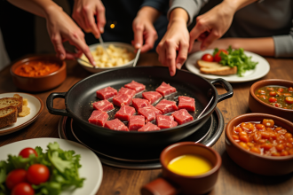 Table dressée pour une fondue bourguignonne conviviale