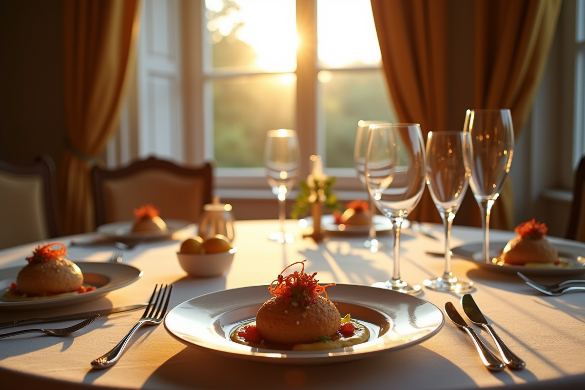 Table élégante pour un dîner gastronomique à La Fontaine aux Perles