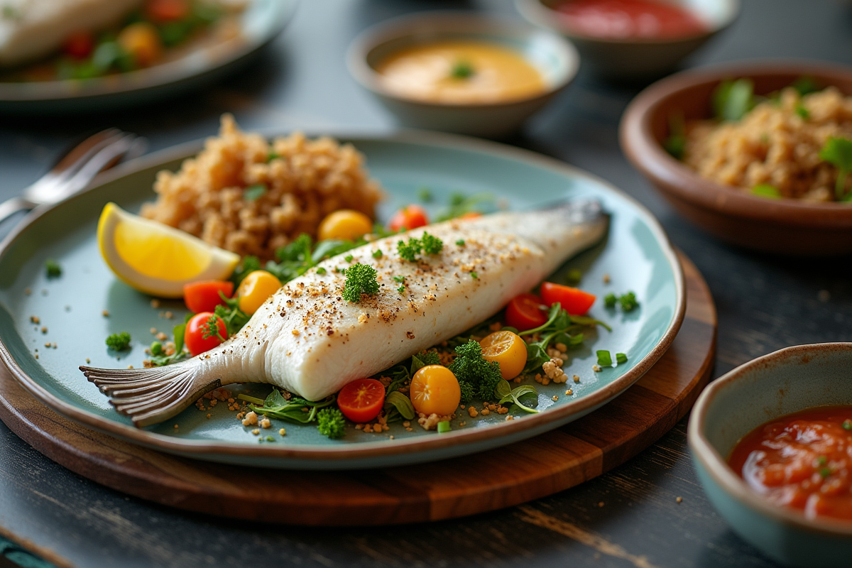 Table élégante avec poisson vapeur et salade de quinoa colorée