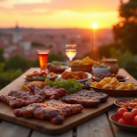Table en plein air au coucher du soleil avec grillades à Toulouse