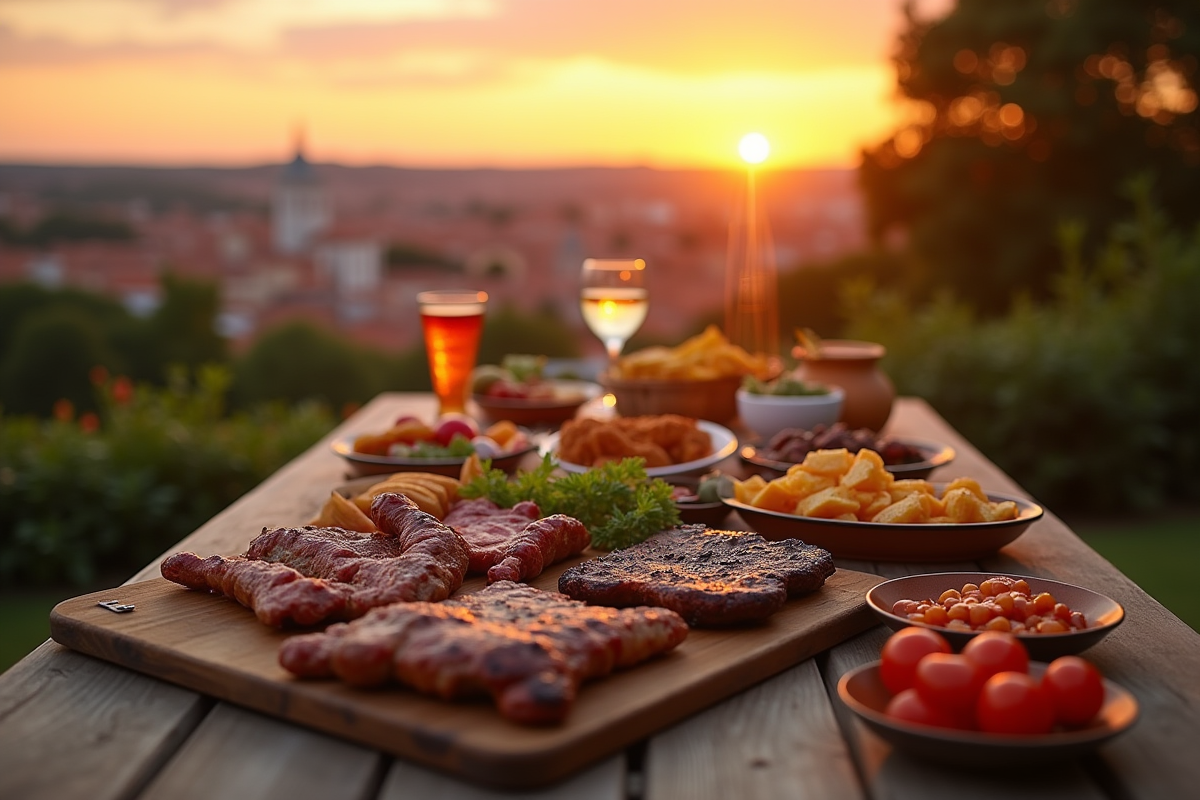 Table en plein air au coucher du soleil avec grillades à Toulouse