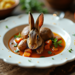 Table rustique avec assiette de lapin en sauce
