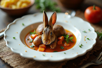 Table rustique avec assiette de lapin en sauce