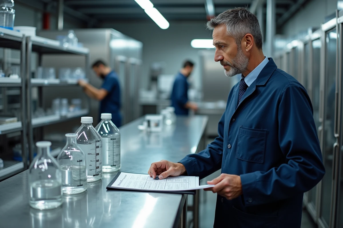 Technicien en blouse bleue examinant des flacons gradués et des tableaux de conversion de volumes en centilitres et litres dans un laboratoire agroalimentaire