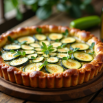 Tarte courgette et chèvre fraîche sur table en gros plan