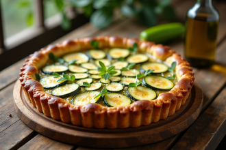 Tarte courgette et chèvre fraîche sur table en gros plan